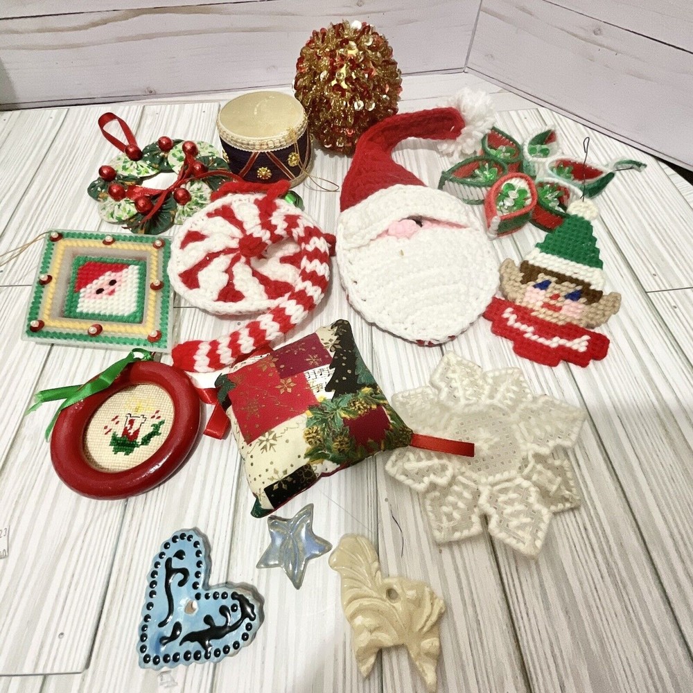 Lot of Farm House Homemade Christmas Tree Ornaments plastic canvas, misc